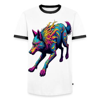 Loup courant psychédélique – Neon Fantasy Animal Art - T-shirt contrasté Homme - blanc/noir - Devant - AI Model Female 172 light (172cm) & AI Model Male 178 dark (178cm)