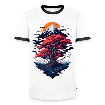 Beautiful bonsai tree scenery - Men's Ringer Shirt - white/black - Front - AI Model Female 172 light (172cm) & AI Model Male 178 dark (178cm)