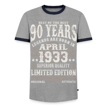Born in April 1933 - 90 years old - Men's Ringer Shirt - grey/navy  - Front - AI Model Female 172 light (172cm) & AI Model Male 178 light (178cm)