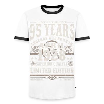 Born in April 1928 - 95 years old - Men's Ringer Shirt - white/black - Front - AI Model Female 172 light (172cm) & AI Model Male 178 dark (178cm)