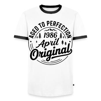 avril 1986 – Légende des sommets et montagnes - T-shirt contrasté Homme - blanc/noir - Devant - AI Model Female 172 light (172cm) & AI Model Male 178 dark (178cm)