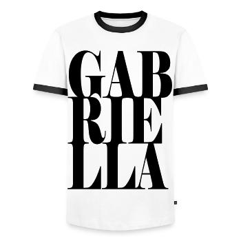 Gabriella Surname First name Modern font Word Art - Men's Ringer Shirt - white/black - Front - AI Model Female 172 light (172cm) & AI Model Male 178 dark (178cm)