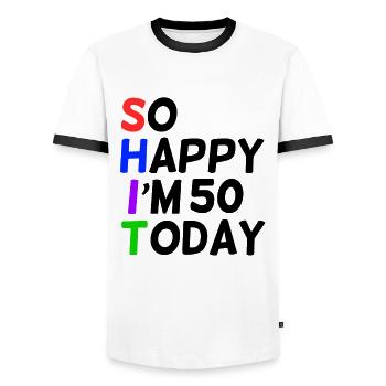 50 Birthday So Happy Saying Funny - Men's Ringer Shirt - white/black - Front - AI Model Female 172 light (172cm) & AI Model Male 178 dark (178cm)