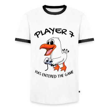 Player 7 has entered the game Baby - Men's Ringer Shirt - white/black - Front - AI Model Female 172 light (172cm) & AI Model Male 178 dark (178cm)