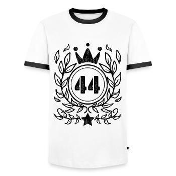 44 - Born year Year of birth 1944 - Men's Ringer Shirt - white/black - Front - AI Model Female 172 light (172cm) & AI Model Male 178 dark (178cm)
