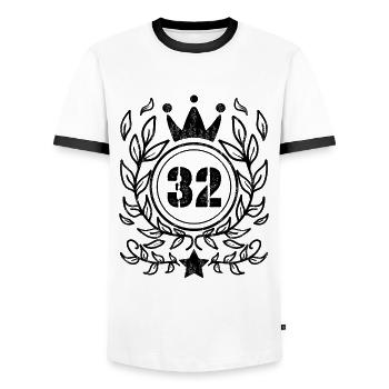32 - Born year year 1932 - Men's Ringer Shirt - white/black - Front - AI Model Female 172 light (172cm) & AI Model Male 178 dark (178cm)