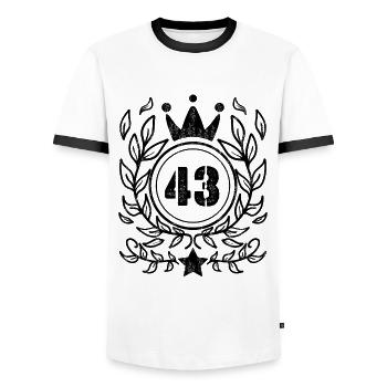 43 - Année de naissance 1943 - T-shirt contrasté Homme - blanc/noir - Devant - AI Model Female 172 light (172cm) & AI Model Male 178 dark (178cm)