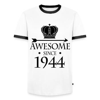 Born in 1944 - Fantastic since 1944 - Men's Ringer Shirt - white/black - Front - AI Model Female 172 light (172cm) & AI Model Male 178 dark (178cm)