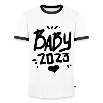 Baby 2023 - Geburt Schwanger 2023 - Männer Kontrast-T-Shirt - Weiß/Schwarz - Vorne - AI Model Female 172 light (172cm) & AI Model Male 178 dark (178cm)