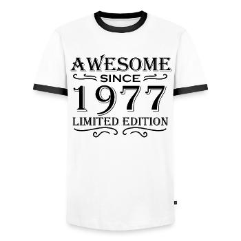 1977 - Born 1977 - Men's Ringer Shirt - white/black - Front - AI Model Female 172 light (172cm) & AI Model Male 178 dark (178cm)