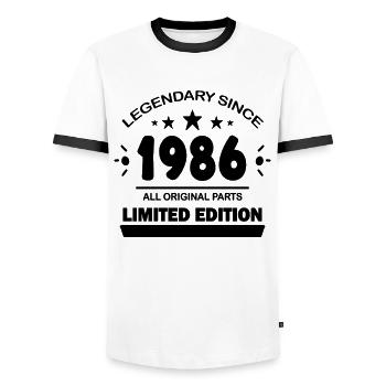 Year of construction 1986 - born 1986 - Men's Ringer Shirt - white/black - Front - AI Model Female 172 light (172cm) & AI Model Male 178 dark (178cm)
