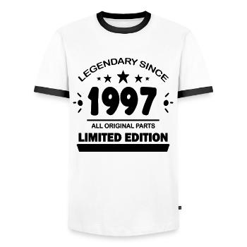 1997 - Jahrgang 1997 - Männer Kontrast-T-Shirt - Weiß/Schwarz - Vorne - AI Model Female 172 light (172cm) & AI Model Male 178 dark (178cm)
