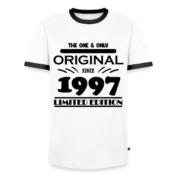 1997 - Year of construction 1997 - Born 1997 - Men's Ringer Shirt - white/black - Front - AI Model Female 172 light (172cm) & AI Model Male 178 dark (178cm)