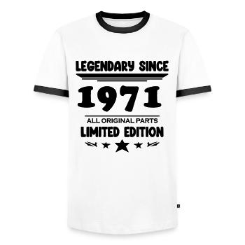1971 - Jahrgang 1971 - Baujahr 1971 - Männer Kontrast-T-Shirt - Weiß/Schwarz - Vorne - AI Model Female 172 light (172cm) & AI Model Male 178 dark (178cm)