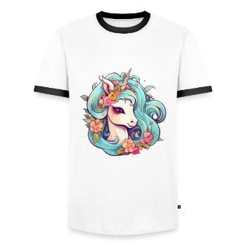 Licorne comique avec des fleurs dans les cheveux - T-shirt contrasté Homme - blanc/noir - Devant - AI Model Female 172 light (172cm) & AI Model Male 178 dark (178cm)