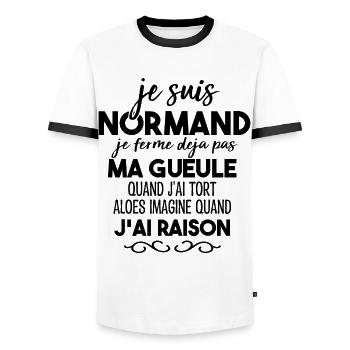 Je Suis Normand Je Ferme Déjà Pas Ma Gueule Humour - T-shirt contrasté Homme - blanc/noir - Devant - AI Model Female 172 light (172cm) & AI Model Male 178 dark (178cm)