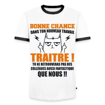 Departure Colleague Coworkers Gift Traitor Cat - Men's Ringer Shirt - white/black - Front - AI Model Female 172 light (172cm) & AI Model Male 178 dark (178cm)
