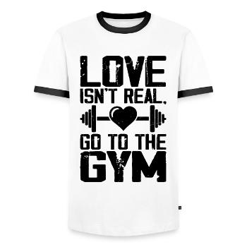 Love Isn't Real Go To Gym Funny Workout - Men's Ringer Shirt - white/black - Front - AI Model Female 172 light (172cm) & AI Model Male 178 dark (178cm)