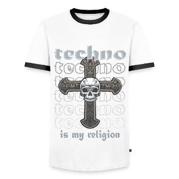 Techno is my religion - Männer Kontrast-T-Shirt - Weiß/Schwarz - Vorne - AI Model Female 172 light (172cm) & AI Model Male 178 dark (178cm)