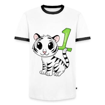 Zahl 1 Nummer Eins - Tiger Motiv - Männer Kontrast-T-Shirt - Weiß/Schwarz - Vorne - AI Model Female 172 light (172cm) & AI Model Male 178 dark (178cm)