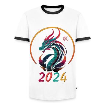 Année du dragon 2024 - T-shirt contrasté Homme - blanc/noir - Devant - AI Model Female 172 light (172cm) & AI Model Male 178 dark (178cm)