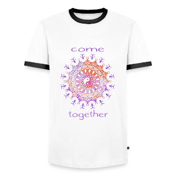 Come together - world peace love earth saying - Men's Ringer Shirt - white/black - Front - AI Model Female 172 light (172cm) & AI Model Male 178 dark (178cm)
