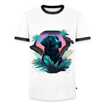 Vaporwave Labrador Retriever in Big Leaves - Men's Ringer Shirt - white/black - Front - AI Model Female 172 light (172cm) & AI Model Male 178 dark (178cm)