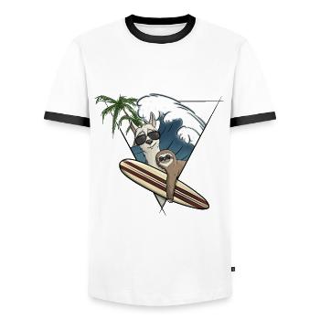 Surf Holiday Llama & Sloth Surfboard Wave Palm Trees - Men's Ringer Shirt - white/black - Front - AI Model Female 172 light (172cm) & AI Model Male 178 dark (178cm)
