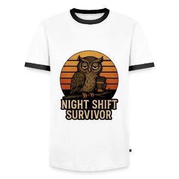 Overnighted Owl - Night Shift Survivor - Men's Ringer Shirt - white/black - Front - AI Model Female 172 light (172cm) & AI Model Male 178 dark (178cm)
