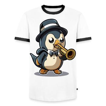 Trompetender Pinguin - Männer Kontrast-T-Shirt - Weiß/Schwarz - Vorne - AI Model Female 172 light (172cm) & AI Model Male 178 dark (178cm)