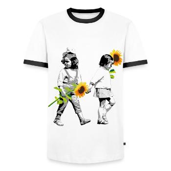 Flower Children | two little girls with sunflowers - Men's Ringer Shirt - white/black - Front - AI Model Female 172 light (172cm) & AI Model Male 178 dark (178cm)