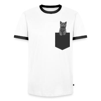 Britannique Shorthaar Chat / British shorthair cat - T-shirt contrasté Homme - blanc/noir - Devant - AI Model Female 172 light (172cm) & AI Model Male 178 dark (178cm)