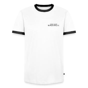 Le travail intérieur est politique – T-shirt statement pour être - T-shirt contrasté Homme - blanc/noir - Devant - AI Model Female 172 light (172cm) & AI Model Male 178 dark (178cm)