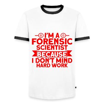 I don't mind hard work Forensic Science - Men's Ringer Shirt - white/black - Front - AI Model Female 172 light (172cm) & AI Model Male 178 dark (178cm)