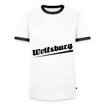 Wolfsburg - Textdesign mit Stadtnamen - Männer Kontrast-T-Shirt - Weiß/Schwarz - Vorne - AI Model Female 172 light (172cm) & AI Model Male 178 dark (178cm)