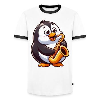 Süßer Pinguin Saxofonist Klassische Musik Cartoon - Männer Kontrast-T-Shirt - Weiß/Schwarz - Vorne - AI Model Female 172 light (172cm) & AI Model Male 178 dark (178cm)