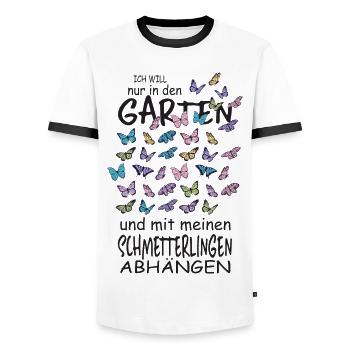 Schmetterlinge und mein Garten - Männer Kontrast-T-Shirt - Weiß/Schwarz - Vorne - AI Model Female 172 light (172cm) & AI Model Male 178 dark (178cm)