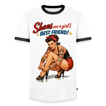 Old School Tattoo Pin-Up: Shoes Girl's Best Friend - Men's Ringer Shirt - white/black - Front - AI Model Female 172 light (172cm) & AI Model Male 178 dark (178cm)