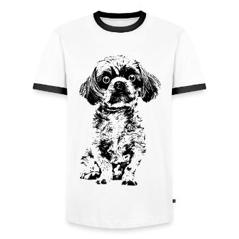 Funny little dog with big eyes. - Men's Ringer Shirt - white/black - Front - AI Model Female 172 light (172cm) & AI Model Male 178 dark (178cm)
