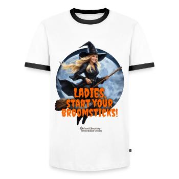 Halloween Hexe Spruch Ladies, startet eure Besen - Männer Kontrast-T-Shirt - Weiß/Schwarz - Vorne - AI Model Female 172 light (172cm) & AI Model Male 178 dark (178cm)