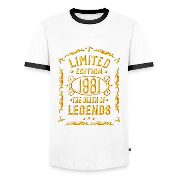 Né en 1981 - anniversaire de légende né en 1981 - T-shirt contrasté Homme - blanc/noir - Devant - AI Model Female 172 light (172cm) & AI Model Male 178 dark (178cm)