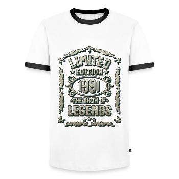 Born 1991 - Birthday Gift Vintage 1991 - Men's Ringer Shirt - white/black - Front - AI Model Female 172 light (172cm) & AI Model Male 178 dark (178cm)