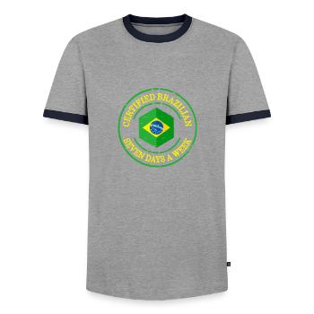 Brazil Flag Certified Brazilian - Men's Ringer Shirt - grey/navy  - Front - AI Model Female 172 light (172cm) & AI Model Male 178 light (178cm)