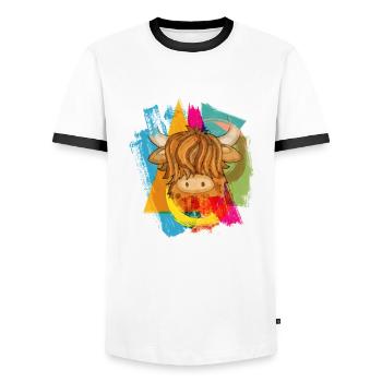 La vache des Highlands - T-shirt contrasté Homme - blanc/noir - Devant - AI Model Female 172 light (172cm) & AI Model Male 178 dark (178cm)