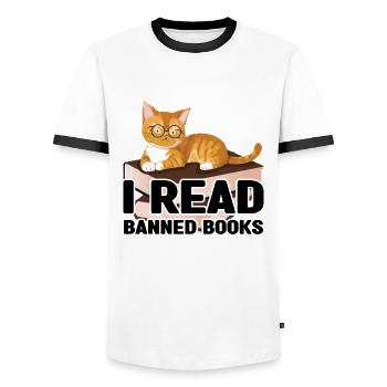 Ich habe verbotenes Buch Cat Lover Reader gelesen - Männer Kontrast-T-Shirt - Weiß/Schwarz - Vorne - AI Model Female 172 light (172cm) & AI Model Male 178 dark (178cm)