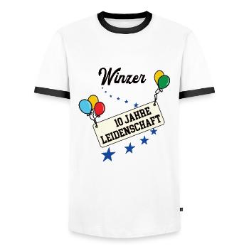 Winzer 10 jähriges Jubiläum Winzerei 10 Jahre - Männer Kontrast-T-Shirt - Weiß/Schwarz - Vorne - AI Model Female 172 light (172cm) & AI Model Male 178 dark (178cm)