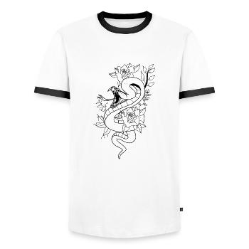 Serpent avec des roses. - T-shirt contrasté Homme - blanc/noir - Devant - AI Model Female 172 light (172cm) & AI Model Male 178 dark (178cm)
