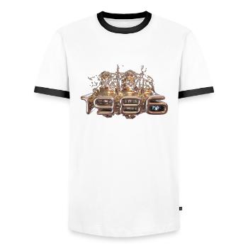 1986 Metall flüssig - Männer Kontrast-T-Shirt - Weiß/Schwarz - Vorne - AI Model Female 172 light (172cm) & AI Model Male 178 dark (178cm)