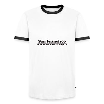 San Francisco Coordinates - Men's Ringer Shirt - white/black - Front - AI Model Female 172 light (172cm) & AI Model Male 178 dark (178cm)