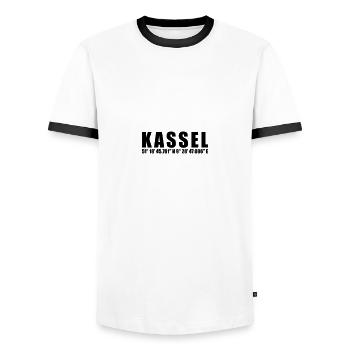 Kassel Koordinaten - Männer Kontrast-T-Shirt - Weiß/Schwarz - Vorne - AI Model Female 172 light (172cm) & AI Model Male 178 dark (178cm)